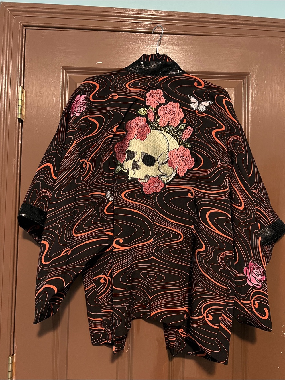 Skull and Roses pink black silk kimono top o/s